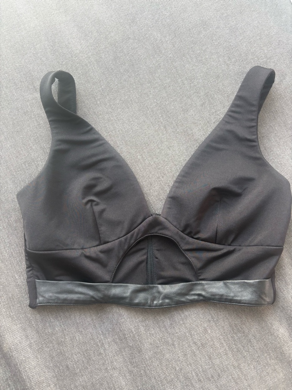 Black Longline Wireless Crop Top with Faux-Leather Hem
